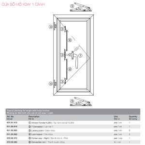 Cửa sổ cửa nhôm mở xoay Hafele 1 cánh